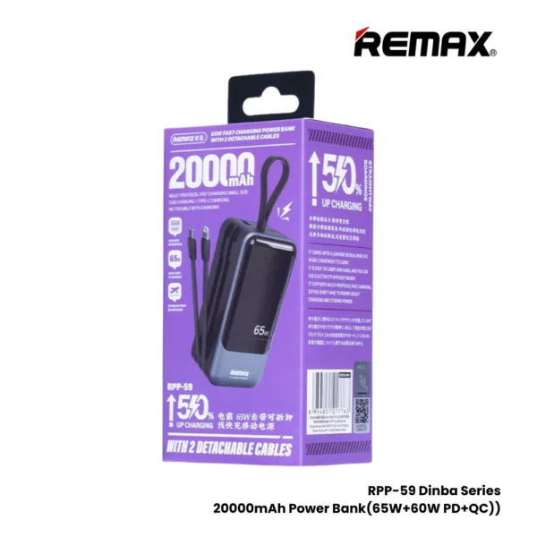 REMAX Dinba Series 65W+60W PD+QC Fast Charging Power Bank with 2 Detachable Cables RPP-59 20000mAh (code:15115) - Image 2
