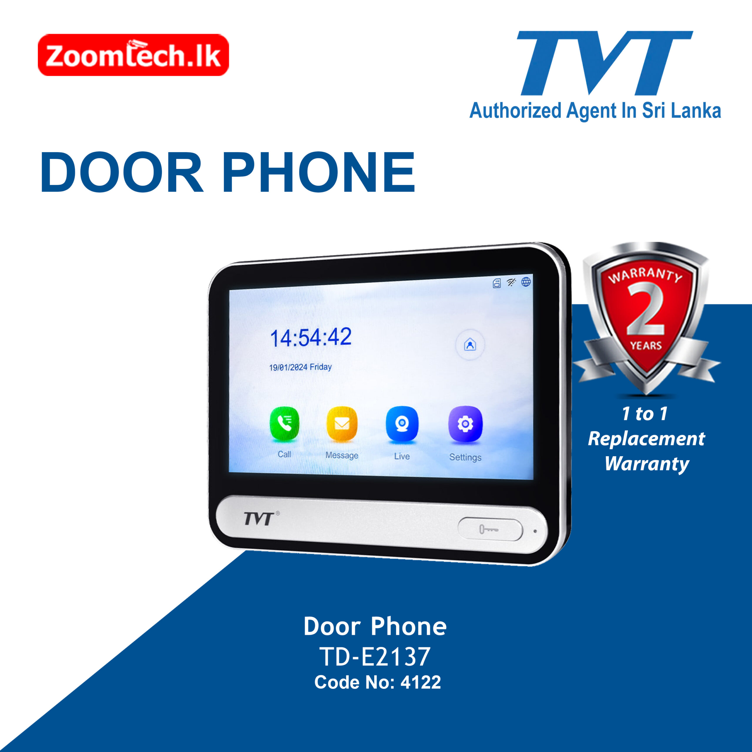 Door Phone Video Intercom Indoor Station TD-E2137 (Code No.4122)