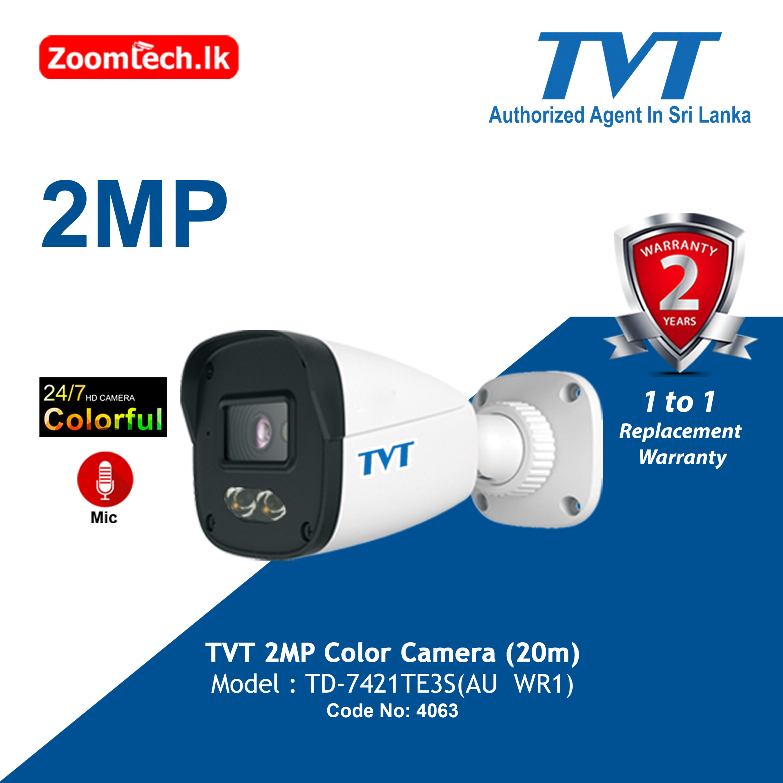 TVT 2MP Color Camera (20m) (code : 4063)