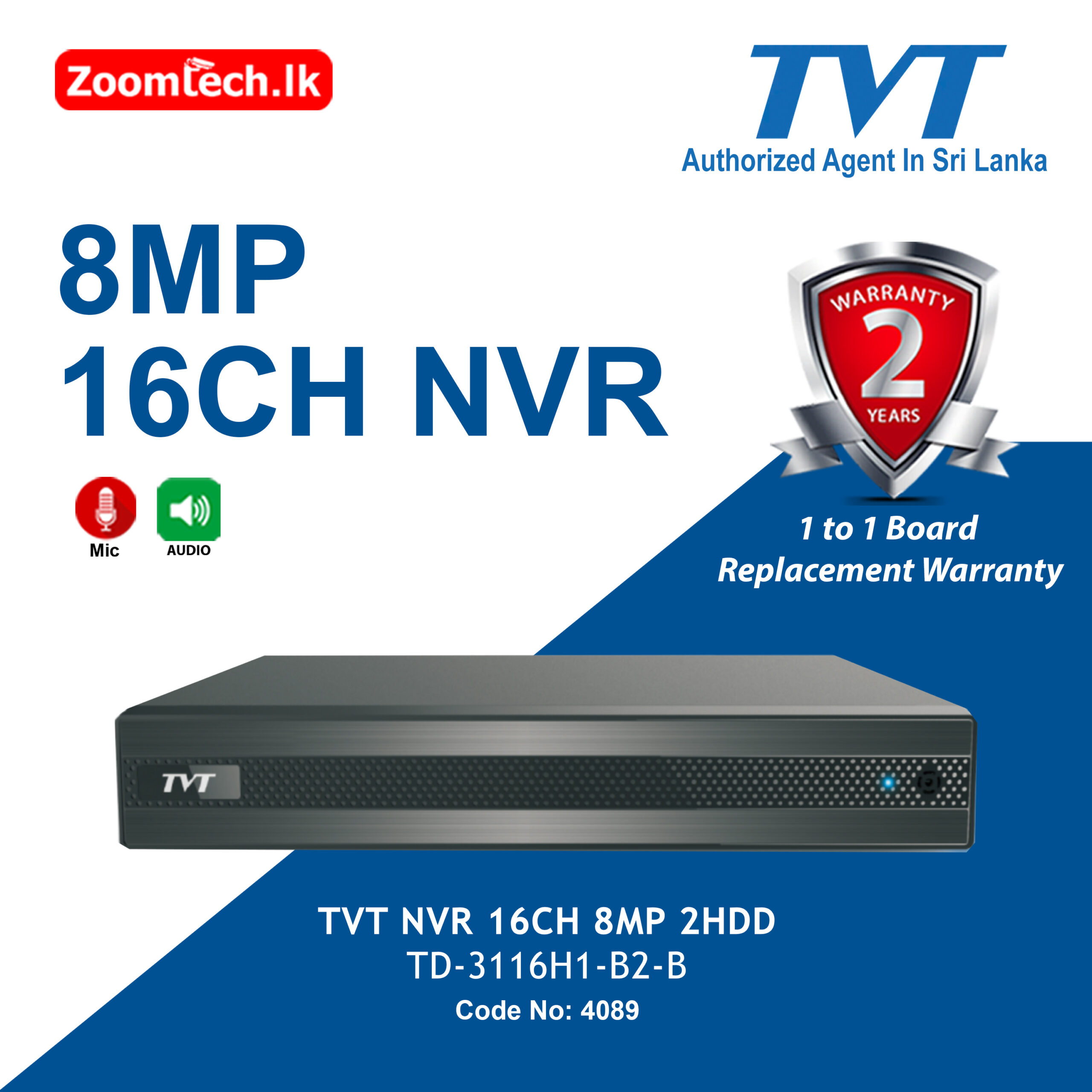 TVT 16CH 8MP 2HDD NVR (code:4089)