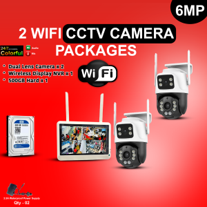 6MP Dual Lens PTZ Outdoor 2 Camera Pack with Display NVR, Hard Disk, Power Supply Full Wireless Camera Package