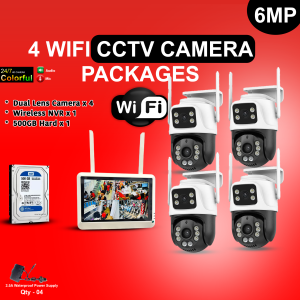 6MP Dual Lens PTZ Outdoor 4 Camera Pack with Display NVR, Hard Disk, Power Supply Full Wireless Camera Package