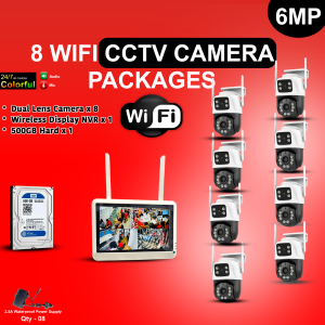 6MP Dual Lens PTZ Outdoor 8 Camera Pack with Display NVR, Hard Disk, Power Supply Full Wireless Camera Package